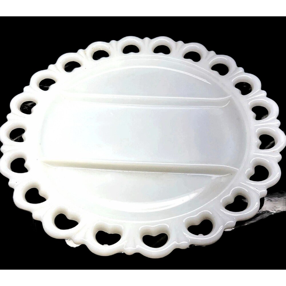 Anchor Hocking Milk Glass~13" Serving Platter~Divided Sections~Hearts~ Vintage